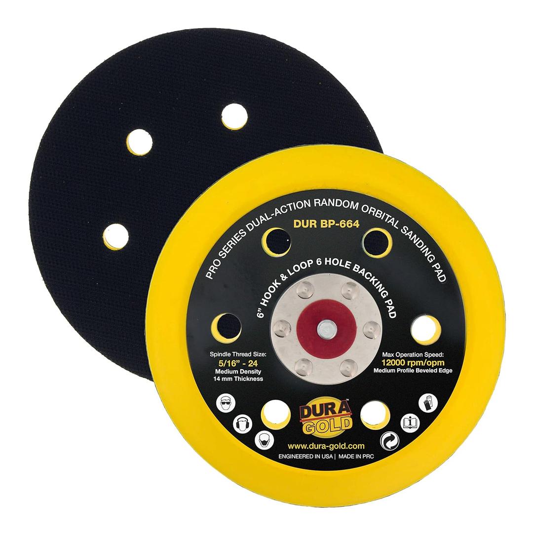 Dura-Gold Pro Series 6" Hook & Loop DA Sander Backing Plate Pad, 6 Hole Pattern Dustless - Flexible Edge Dual-Action Random Orbital Sanding Pad, 14mm Thick - Polisher Auto Paint Woodworking Sandpaper