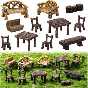 11Pieces Fairy Garden Furniture Ornaments Miniature Table and Chairs Set Village Micro Resin Bench Chair Kit for Dollhouse Accessories Home Micro Landscape Decoration (Vintage Style)