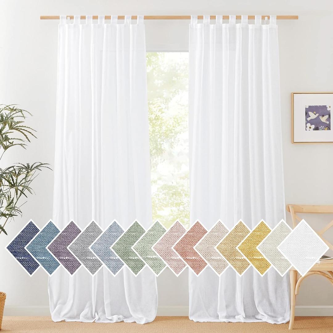 NICETOWN White Linen Curtains 84 inch Length, Tab Top Soft Semi Sheer Flax Window Treatments Privacy with Light Filtering Vertical Drapes for Bedroom/Living Room, W52 x L84, 2 Panels