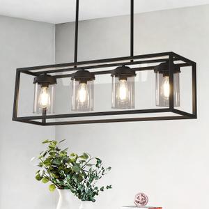 Black Kitchen Light Fixture,Farmhouse Chandeliers for Dining Room,Rustic Rectangle Linear Pendant Ceiling Light with Clear Glass Shade