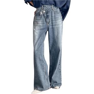 WDIRARA Women's Wrap Asymmetrical Waist Baggy Jeans Straight Leg Denim Pants (Blue, S)