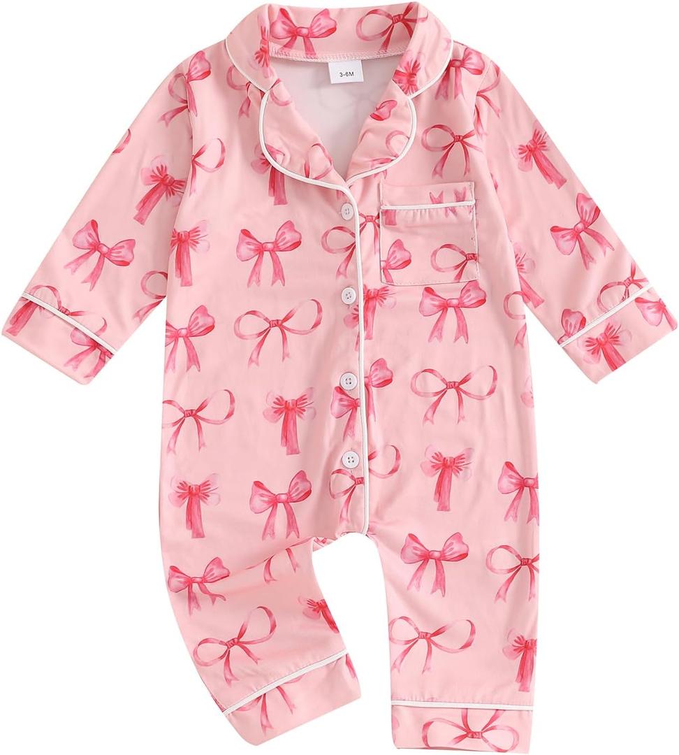 fyclemt Baby Boy Girl Pajamas Romper One-Piece Jumpsuit Long Sleeve Lapel Collar Button Down Sleeper Infant Sleepwear Pjs Nightwear (Pink Ribbon Bowknot, 3-6 Months)