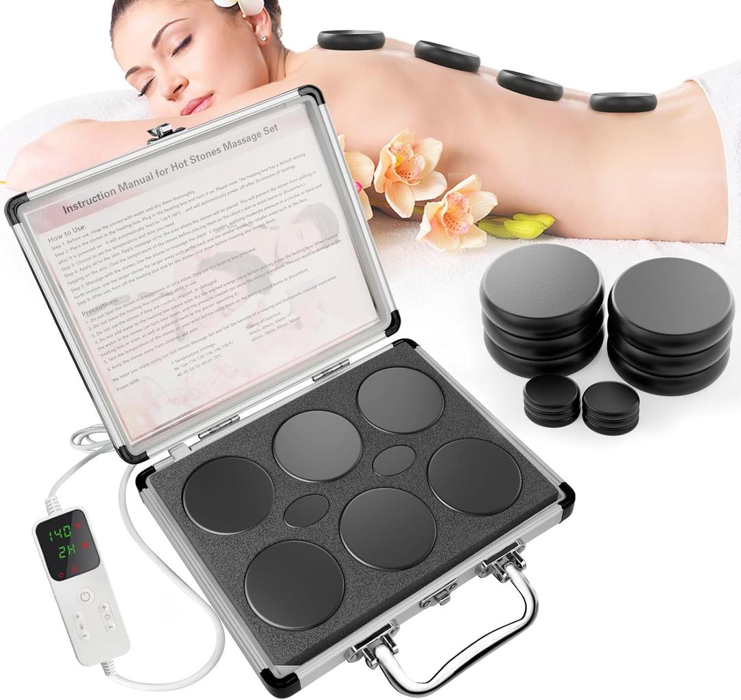 12Pcs Hot Stones Massage Set with Temperature AdjustmentHot Rocks Massage Stones Set with Warmer Kit Basalt Hot Rocks Stone for Spa-Lymphatic Drainage, Relieve Tension and Muscle Pain