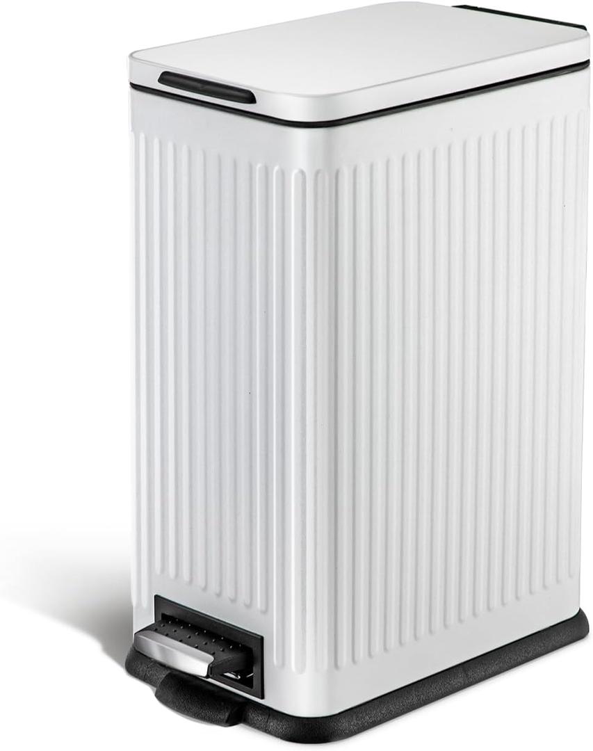 Home Zone Living 4 Gallon Kitchen Trash Can with Slim Fit Design | Stainless Steel with Soft-Close Step Pedal Lid, Bag Tuck Band for Easier Bag Changes, Rectangular Shape, Reeded Style, White