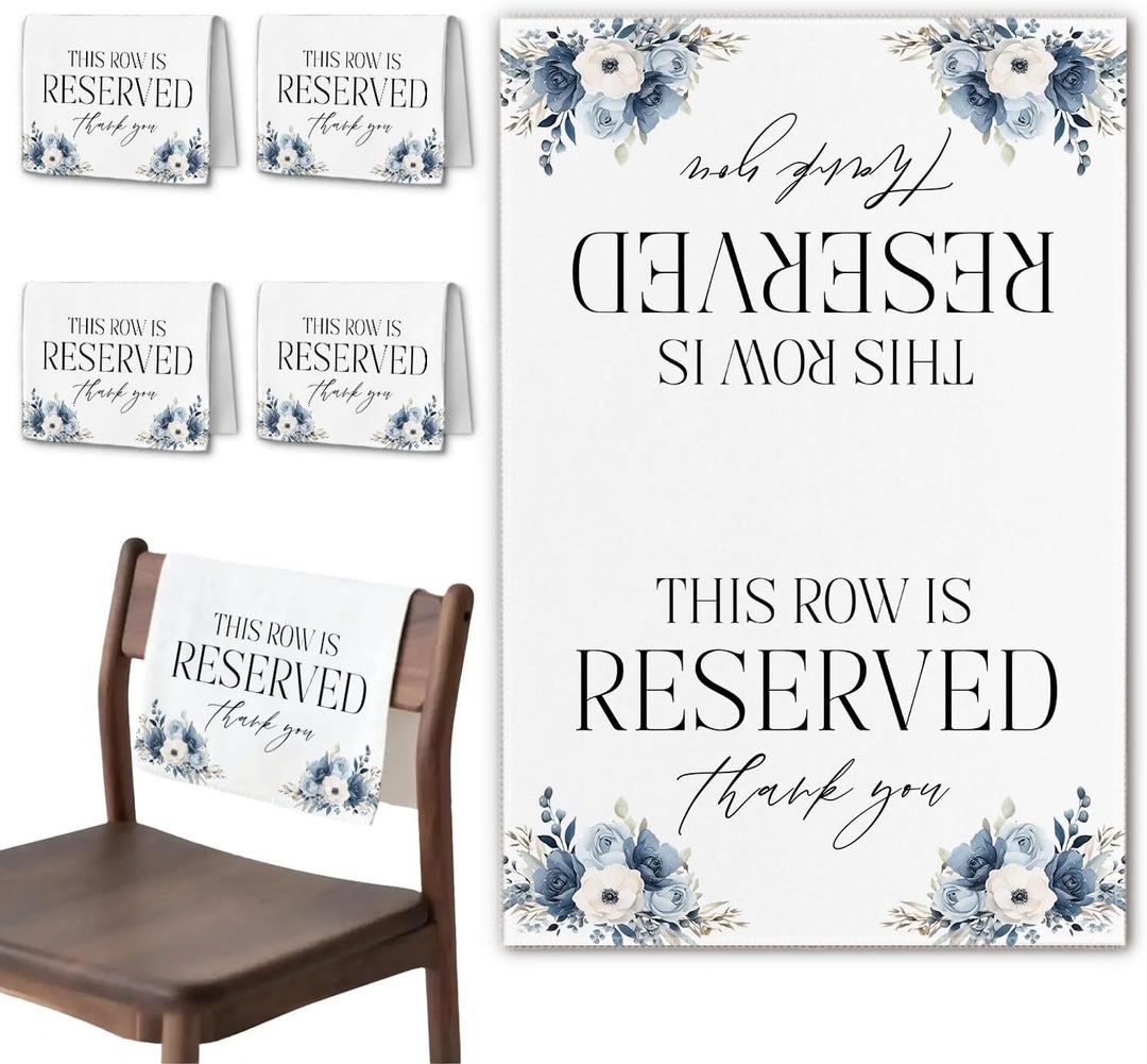 Reserved Row Signs for Wedding 4 Pieces, This Row Is Reserved Seating Placeholder Church Pews Cloth Signs, Dusty Blue Wedding Chair Decorations for Reception (Dusty Blue Floral)