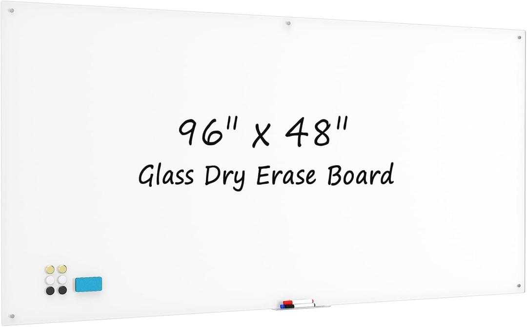 0.3mm Reinforced Metal Backing Glass White Board for Wall, 96" x 48" Extra Large Magnetic Pure White Tempered Glass Board with Frameless Design, 8' x 4' Dry Erase Board for Home, Office