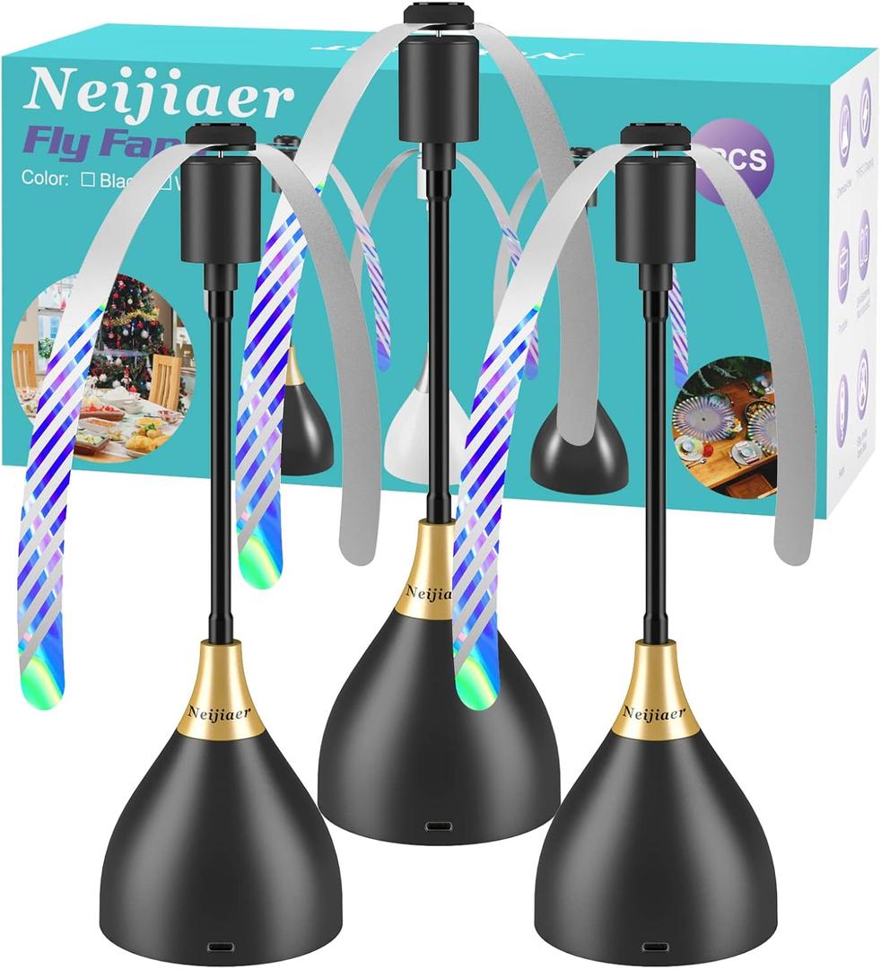 Fly Fans for Tables, Practical Fly Repellent Fan with Soft Blades, USB or Batteries Powered, Soundless and Portable Fly Fan Keeps Your Food Clean(3 Pack) (Black)