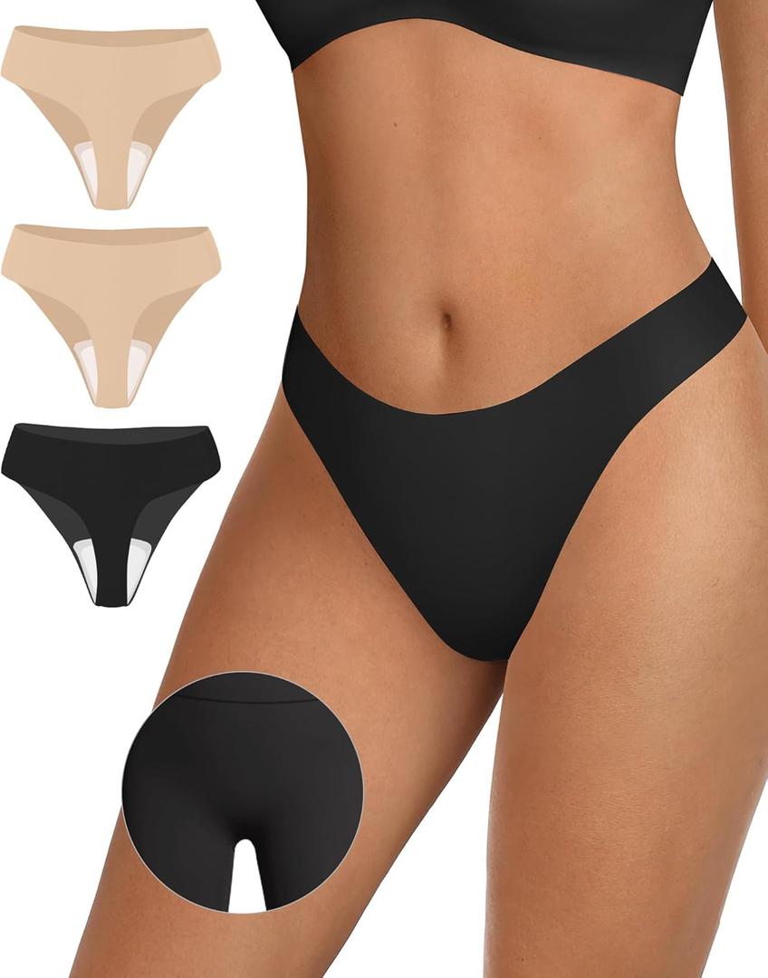OEAK Seamless Thongs for Women Invisible Thongs No Show Thong Panty Liners Tangas Comfortable Workout G-Strings Underwear (X-Small, 3p-2*skin Nude+1*black)