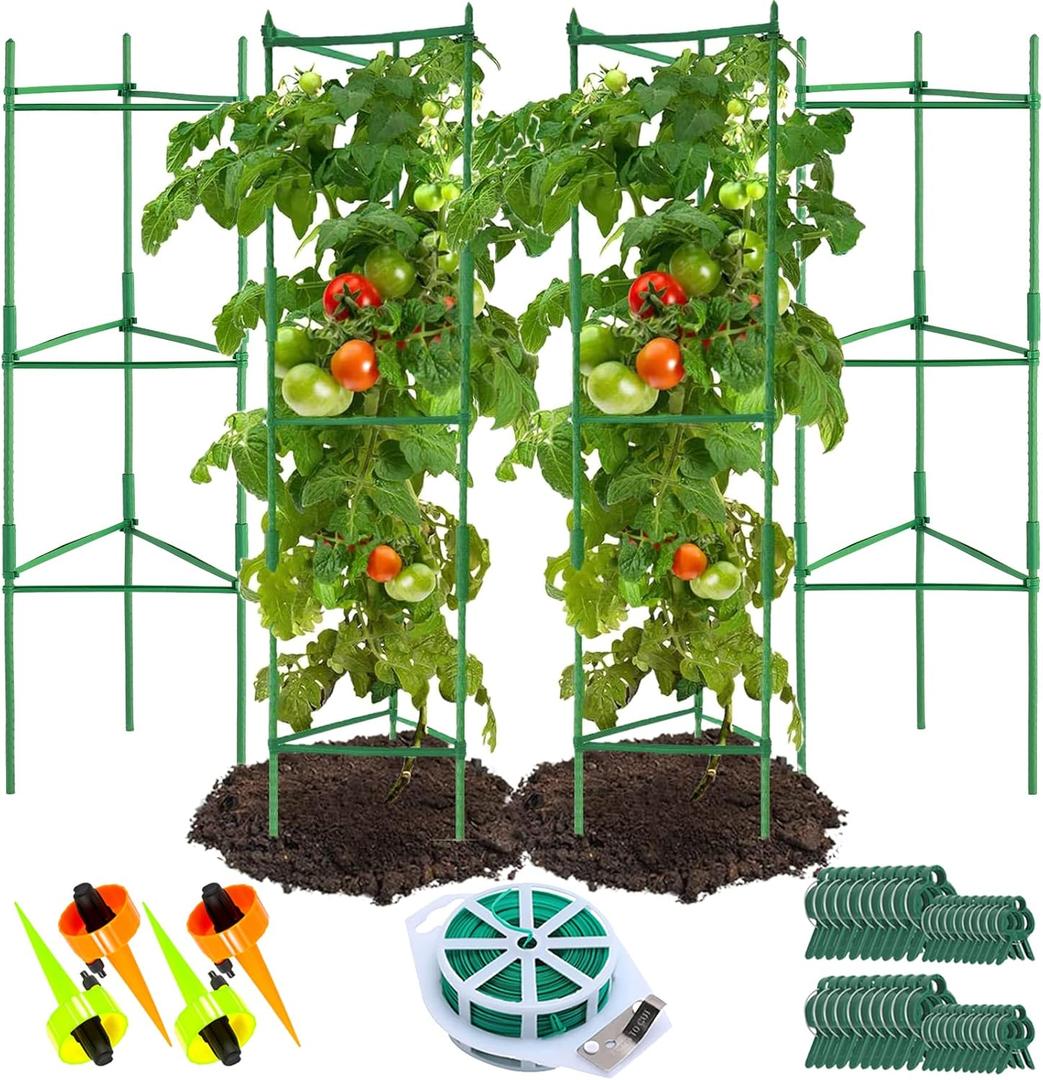 Megidok Tomato Cages - Garden Plant Stakes Support (4 Pack 49"/3 Pack 67") with 164ft Plant Ties&40Pcs Plant Clips&4 Watering Drip Devices for Climbing Plants Vegetable Megidok Tomato Cages - Garden Plant Stakes Support (4 Pack 49"/3 Pack 67") with 164ft Plant Ties&40Pcs Plant Clips&4 Watering Drip Devices for Climbing Plants Vegetable