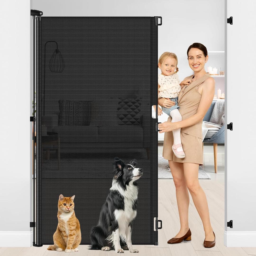 72 Inch Extra Tall Retractable Dog Gate 55 Inch Wide Extra Tall Retractable Baby Gates for Doorways 6 Foot High Baby Gate for Cats 6 Ft Dog Gates Indoor Pet Barrier for Dogs Mesh Fence for Dogs, Black
