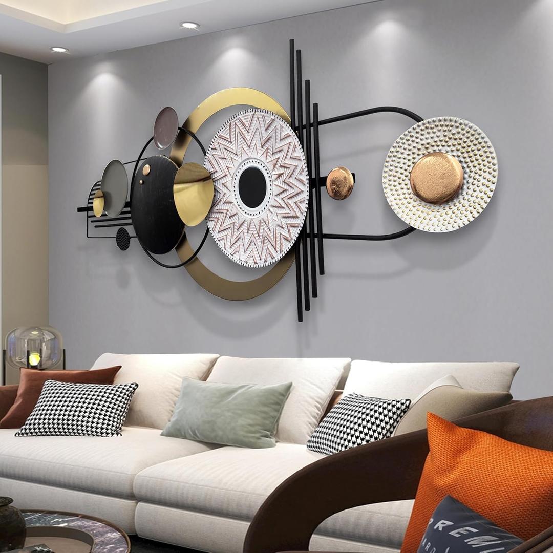 ERMOFAV Wall Decor, Modern Creative Metal Geometric Circular Decor Wall Art, 59"x24" Large 3D Textured Metal Wall Sculptures, Living Room Bedroom Den Aesthetic Wall Art Decor