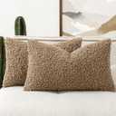 Woaboy Faux Fur Throw Pillow Covers 20x12 Inch Set of 2 Boucle Neutral Decorative Lumbar Sherpa Fuzzy Accent Soft Sheepskin Fleece Cushions Modern Home Decor for Couch Sofa Bedroom Living Room,Khaki