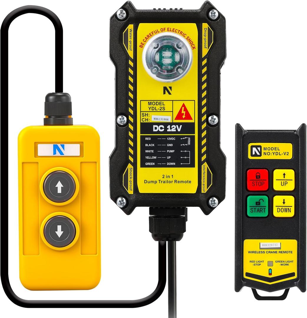 NEWTRY 2 In 1 Crane Remote, 12V Wireless Crane Remote Wire Dump Trailer Remote Control Industrial Crane Controller Hoist Truck Crane Up-Down Switch Control Station