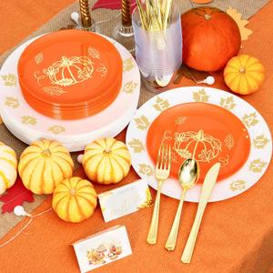 60 PCS Plastic Thanksgiving Plates Set for 30 Guests,Heavy Duty Plastic Party Disposable Plate-30 White Dinner Plates with Gold Maple Leaves Pattern,Orange Dessert Plate with Gold Pumpkin