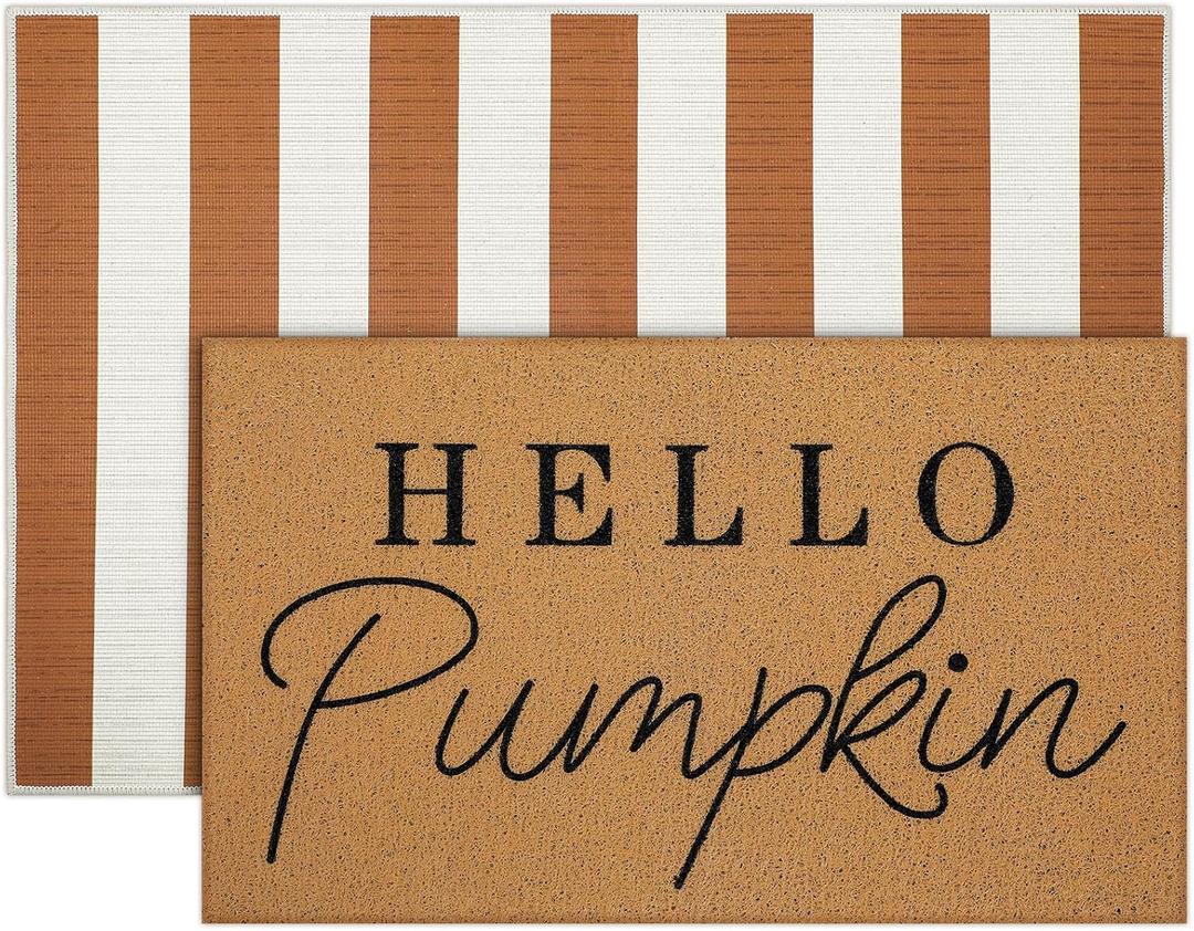 Tinideya 2 Pcs Door Mat Welcome Non Slip Coir Mats Floor Layering Doormats Seasonal for Front Porch Entryway Decor(Orange White)
