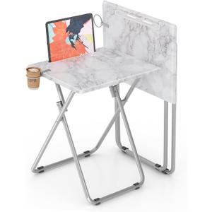 TV Tray Table,Folding Table with Cup Holder Portable,Foldable Snack Tray for Eating,Small Folding Tables Set of 2,Dinner Tables for Couch, Living Room,Small Space (White Marble, 2 Pcs)
