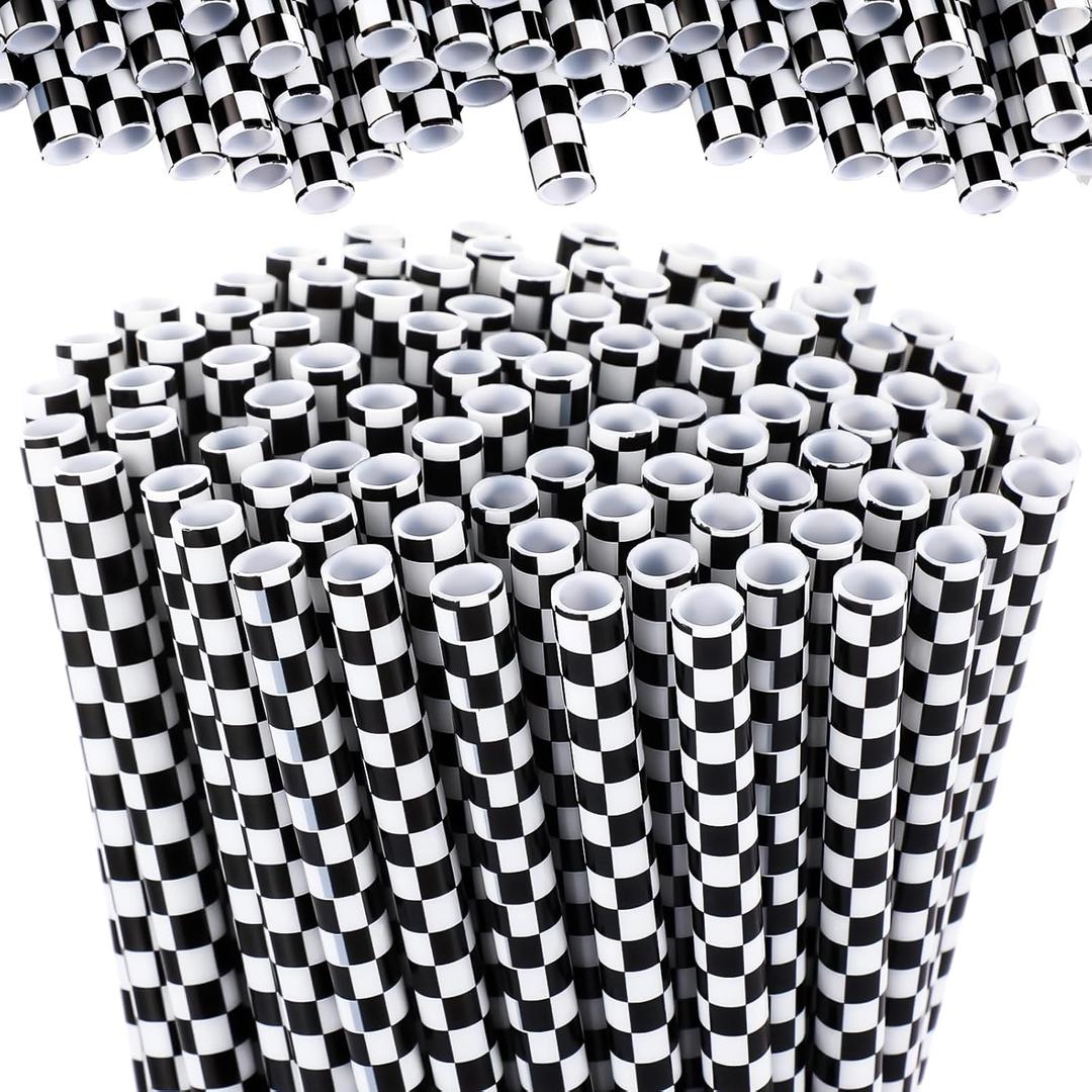 Domensi 50 Pcs Black and White Checkered Racing Straws Plastic Disposable Drinking Straws Hard Plastic Reusable Striped Flag Party Supplies for Race Car Sports Themed Birthday Decoration