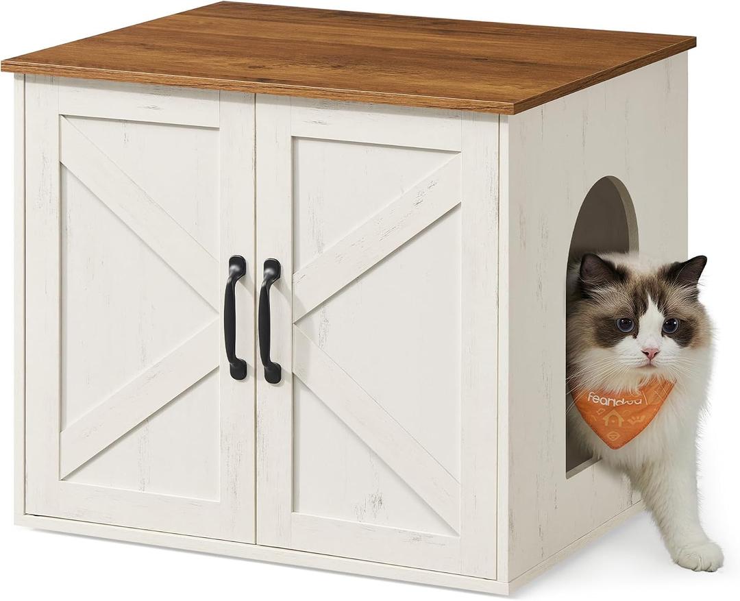 Feandrea Cat Litter Box Enclosure, Hidden Litter Box Furniture, Indoor Pet House End Table, 23.6 x 19.7 x 19.7 Inches, Rustic White and Honey Brown UPCL042W201