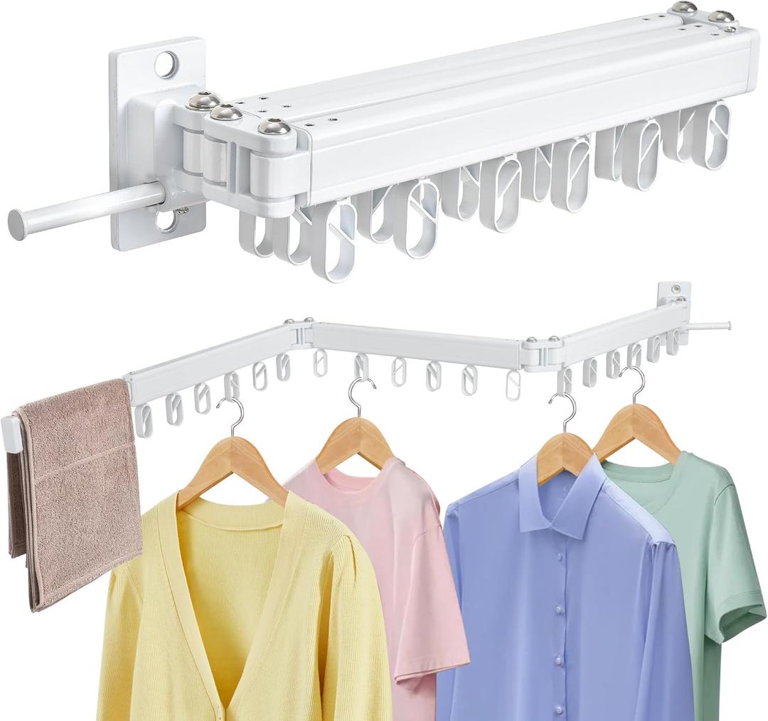 Clothes Drying Rack Wall Mounted Foldable, Retractable & Collapsible(Tri-Fold) Space-Saving Aluminum Laundry Drying Rack for Indoor & Outdoor Use - Laundry Rooms, Bathroom & Balconies (White)