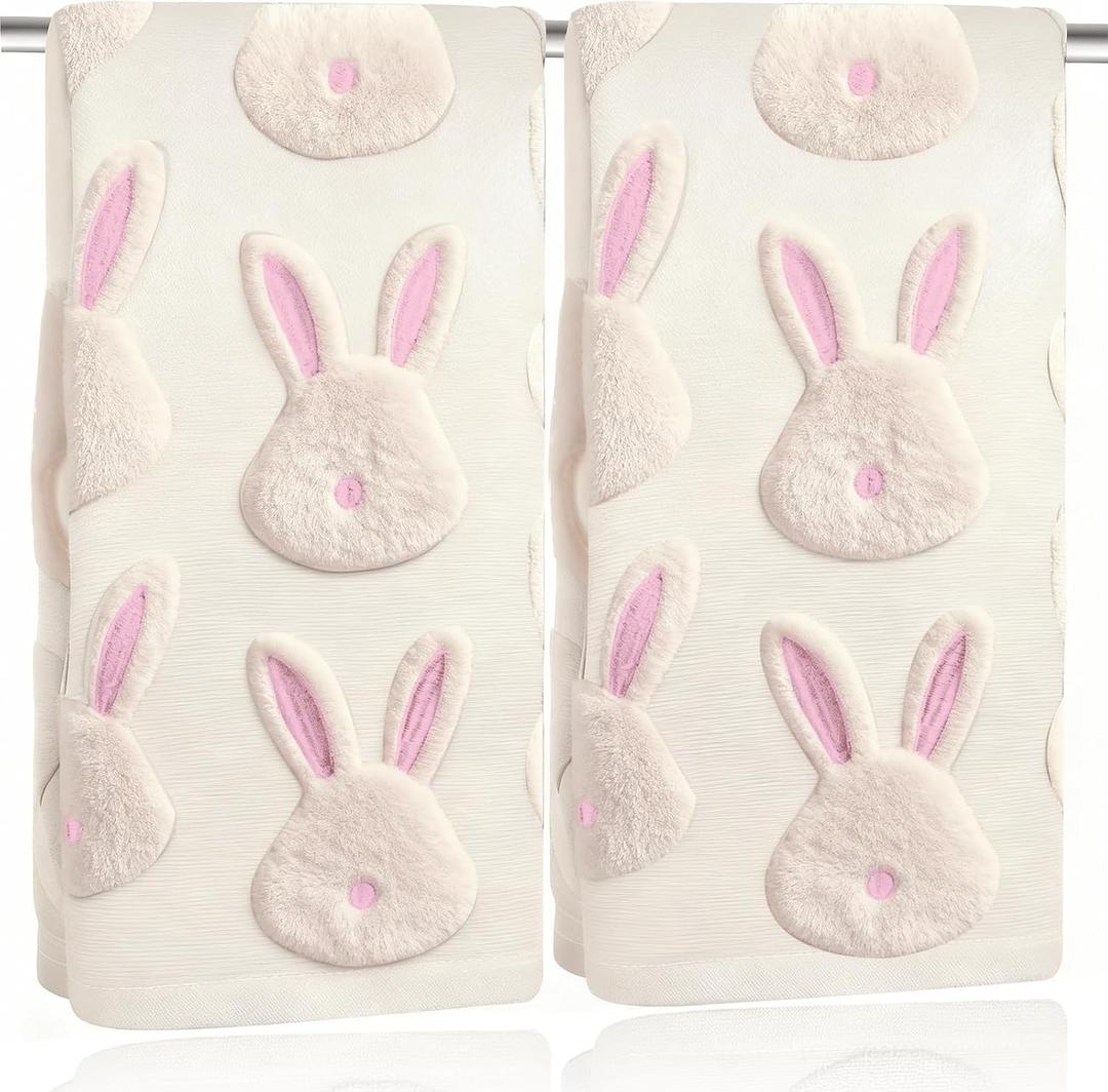 2pcs Easter Bunny Hand Towels Set 100% Cotton Soft Absorbent Spring Bathroom Hand Towels 14x29 Inch Cute Jacquard Easter Kitchen Decor Towels Holiday Kitchen Bathroom Decor Gift(Beige)