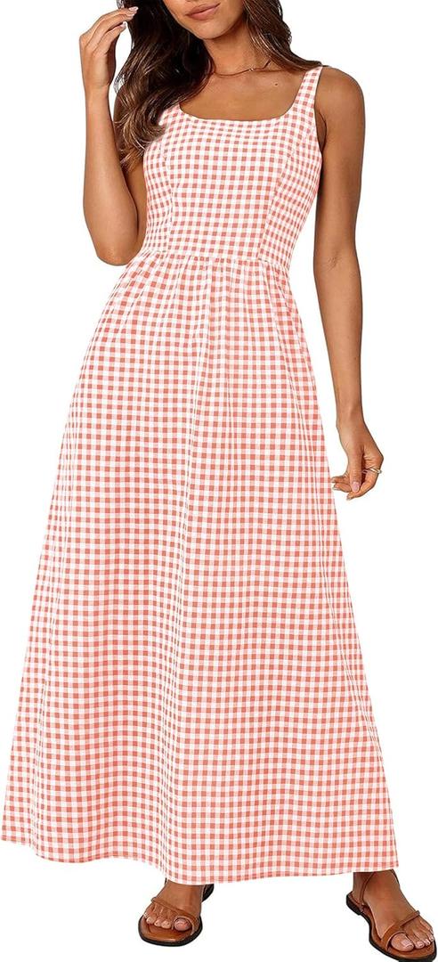PRETTYGARDEN Women's 2026 Summer Spaghetti Strap Maxi Dresses Plaid Square Neck A Line Casual Beach Vacation Long Sundress (Pink, S)