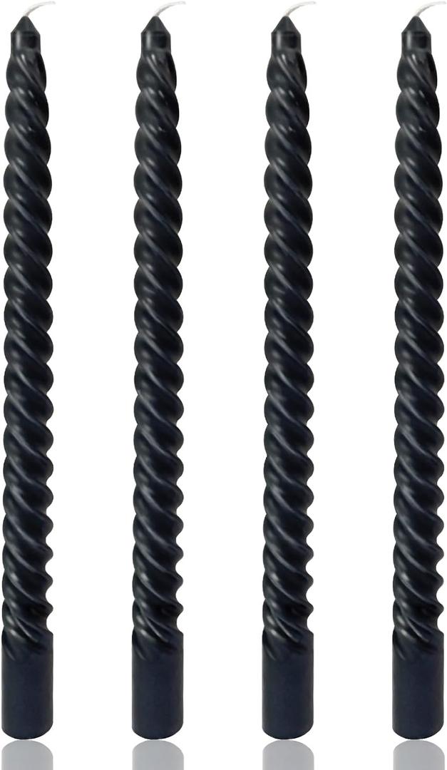 10 Inch Black Spiral Taper Candles for Dinner Party Halloween Home Decoration, 4 Pack Twisted Candlesticks for Wiccan Rituals Funeral and Memorial Services