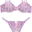 Lilosy Sexy Underwire Cute Push Up Strappy Embroidered Mesh Sheer Lingerie Set See Through Panty Bra (Small, Bow Floral Light Purple)