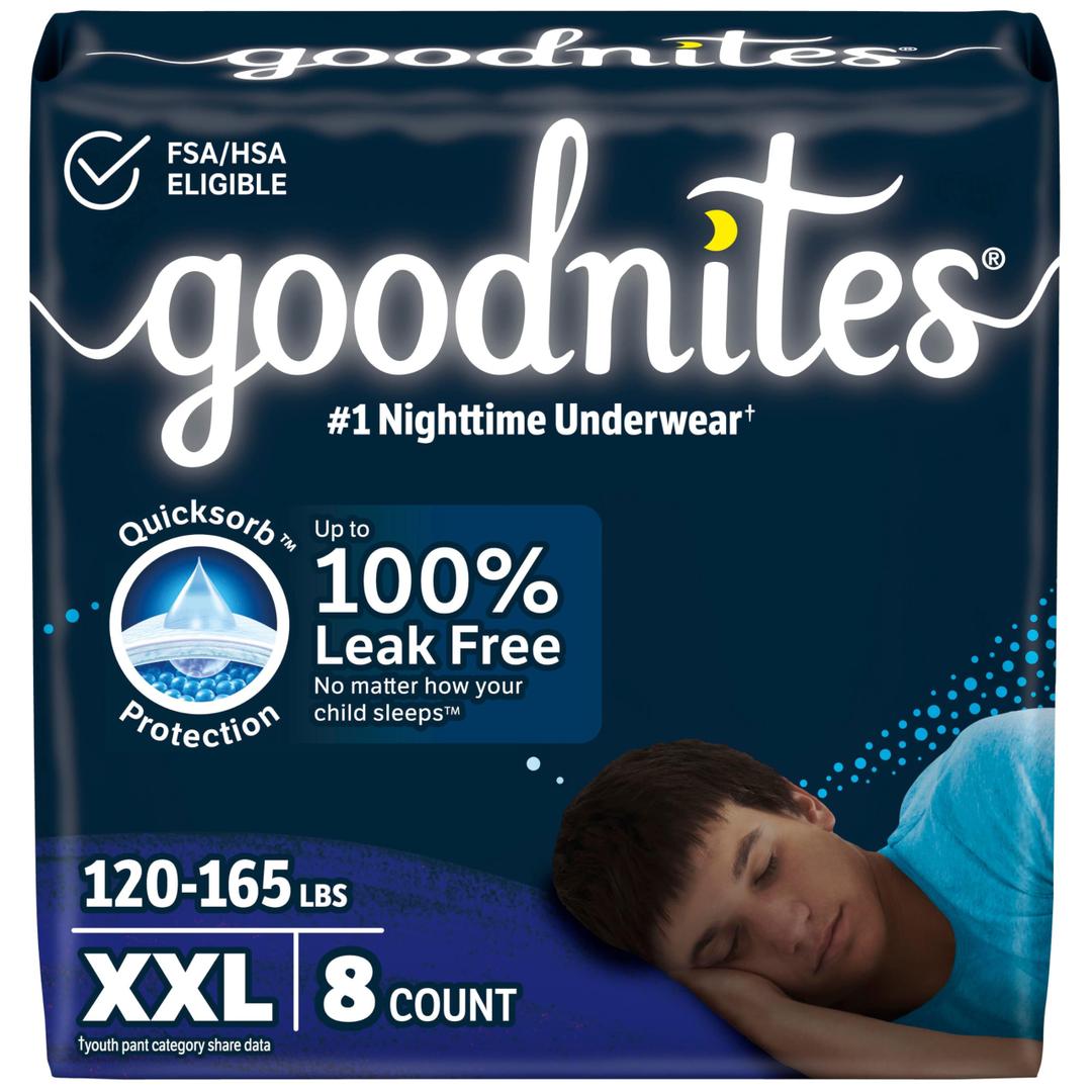 Goodnites Boys' Nighttime Underwear, Size XXL (120-165 lbs), 8 Ct