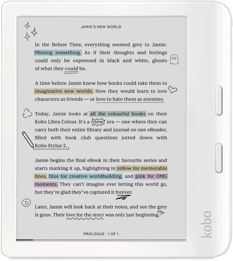 Kobo Libra Colour | eReader | 7 Glare-Free Colour E Ink Kaleido 3 Display | Dark Mode Option | Audiobooks | Waterproof | White