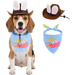 Pet Easter Costume Set Dog Cowboy Hat with Bunny Ears & Easter Egg Bandana Puppy Rabbit Ear Headwear & Reversible Spring Scarf Accessories Holiday Party Photo Props for Medium to Large Dogs