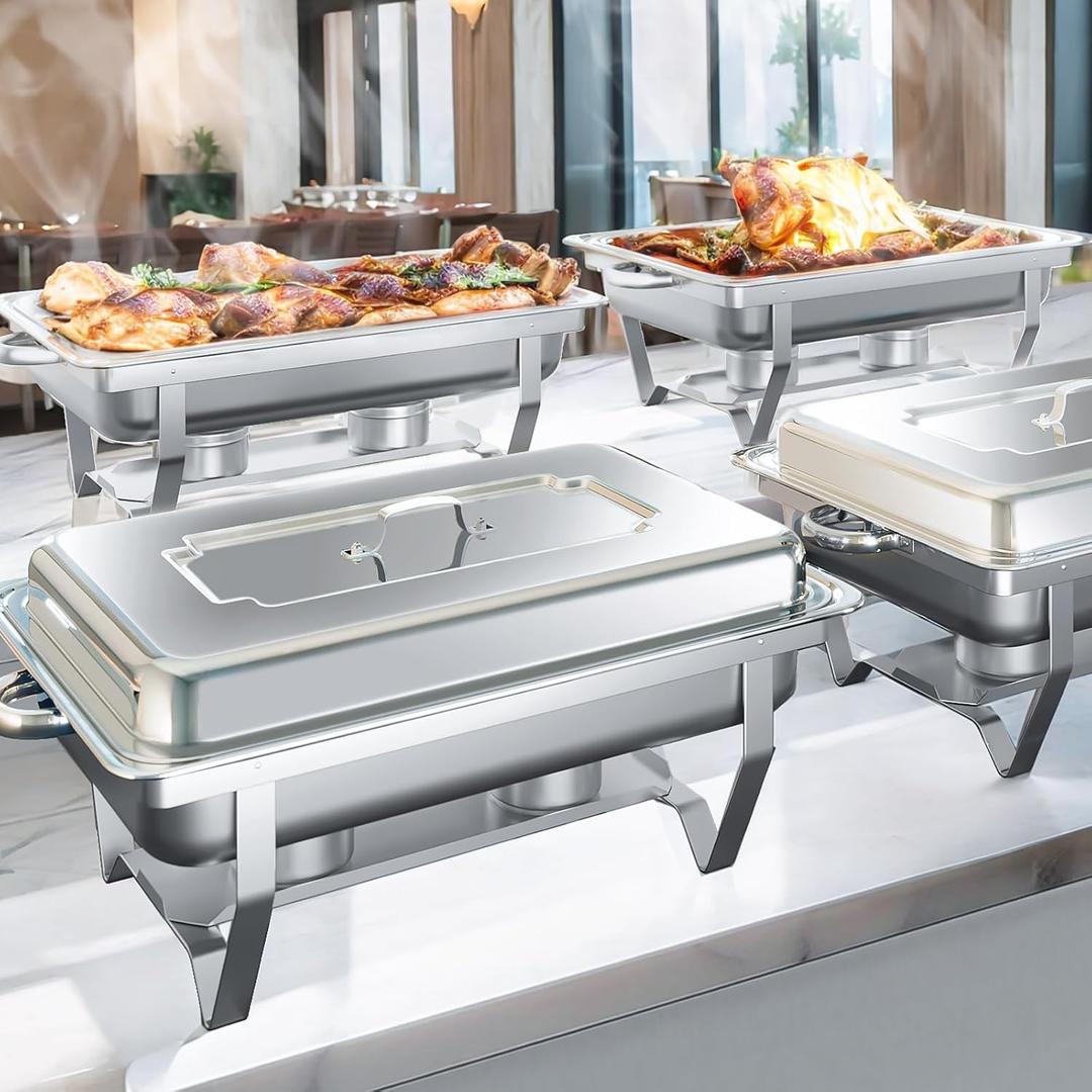 Chafing Dishes for Buffet, 4 Pack 8QT Chafers and Buffet Warmers Sets for Parties, Catering, Weddings, Christmas, Events Serving, Silver