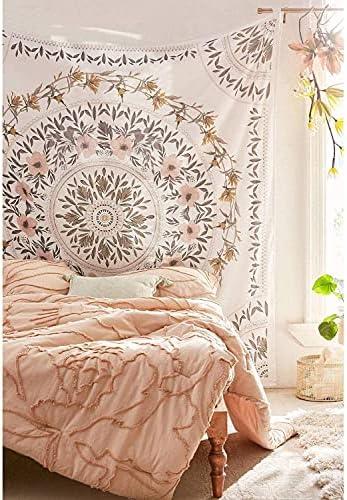 Orange Bohemian Tapestry Wall Hanging, Mandala Floral Medallion Hippie Tapestry with Light Brown Aesthetic Wreath Design, Cream Wall Decor Blanket for Bedroom Home Dorm