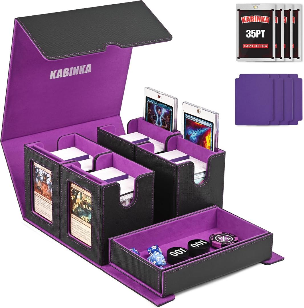 Kabinka Card Deck Box for MTG Commander, Holds 400+ Double-Sleeved Cards, 5 IN 1 Detachable Card Case with Dice Tray, Fits Magic/TCG Cards, 4 Magnetic Card Holders & Dividers (Black Purple)