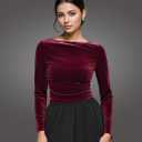 Long Sleeve Velvet Tops for Women, Ruched Crop Top Boat Neck Bell Sleeve Slim Fitted Shirt (Small, Winered)