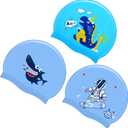 Sintuff 3 Pcs Kids Swim Caps Toddlers Swimming Caps Silicone Swim Cap for Boys Girls (Age 4-12) Baby Waterproof Cartoon Bathing Hats for Long and Short Hair