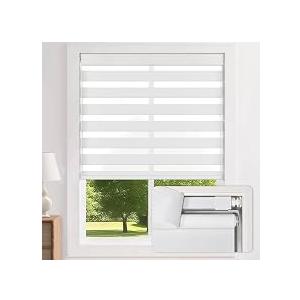 LazBlinds No Drill Zebra Blinds for Windows 25.5" W x 72" H, WhiteCordless Dual Layer Light Filtering & Blackout Roller Shades, Free Stop-Lift, Easy Install Day & Night Privacy with Valance