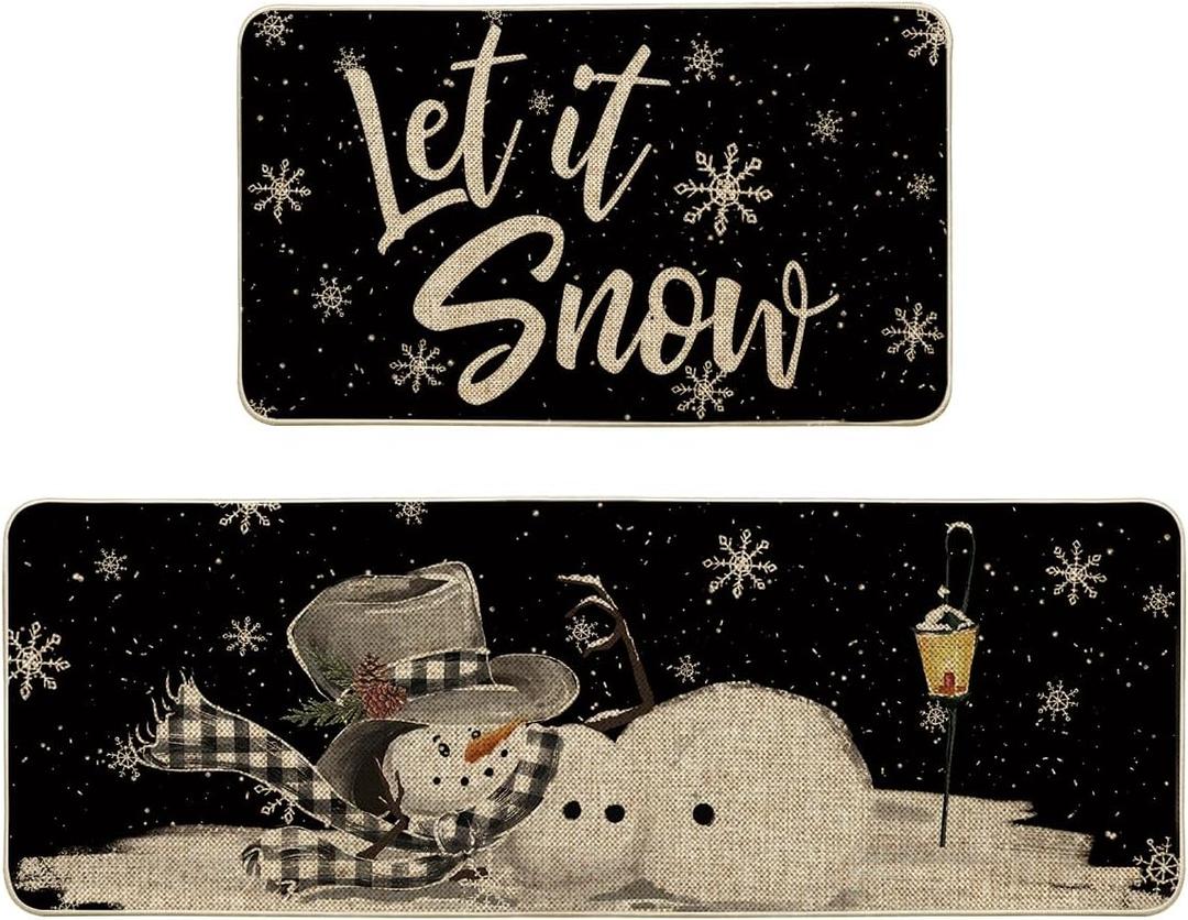 Artoid Mode Let It Snow Snowflake Snowman Light Christmas Decorative Kitchen Mats Set of 2, Home Party Low-Profile Kitchen Rugs - 17x29 and 17x47 Inch (Black)