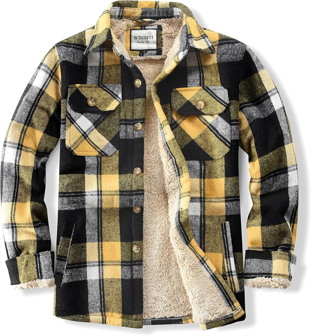 Men's Cotton Sherpa Lined Button Down Flannel Shirt Jacket Plaid Soft Outdoor Flannel Jacket Shirt (Large, Yellow)
