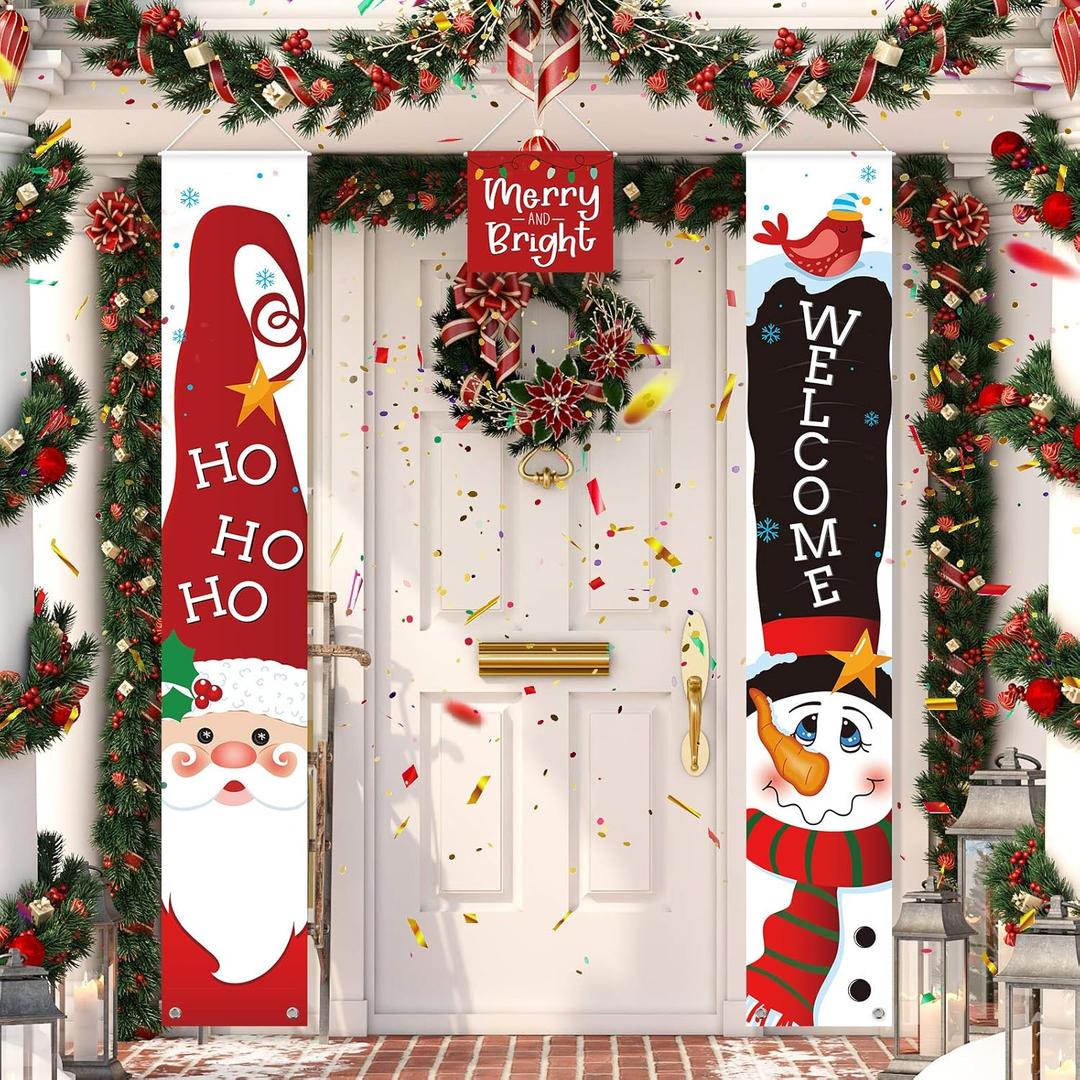 Sumind 3 Pieces Christmas Porch Sign Decorations, Merry Christmas Door Sign Welcome Xmas Santa Claus Snowman Door Banner Hanging for Home Wall Holiday Party Indoor Outdoor Decor