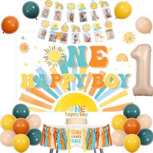 Cheereveal Boho Sun 1st Birthday Decorations Blue and Orange, One Happy Boy Backdrop Banner, Sunshine Photo Banner Cake Topper, Sun Rainbow Themed First Birthday Baby Shower Party Supplies for Boy
