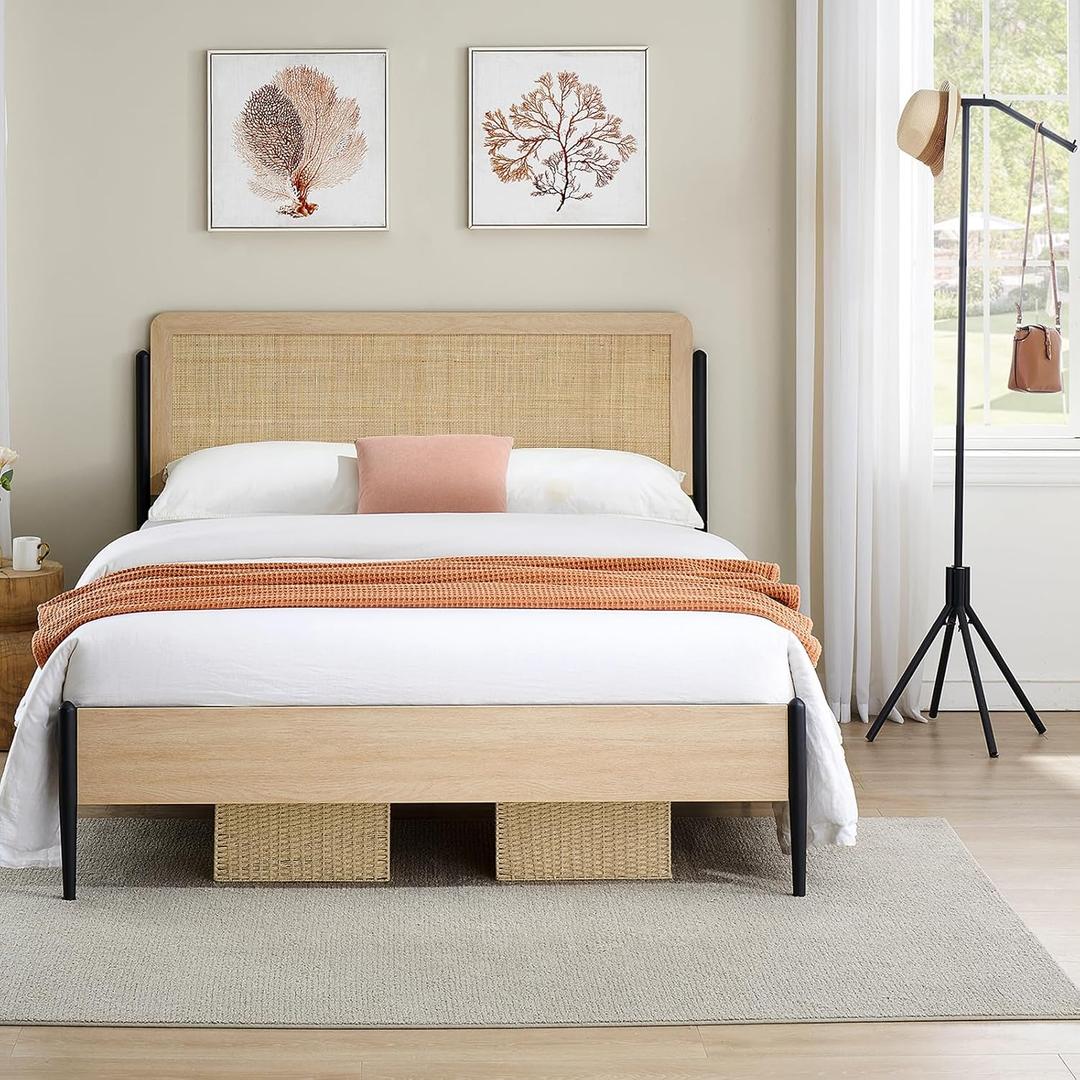 GarveeHome Full Size Boho Bed Frame with Natural Rattan Headboard & Solid Wood Footboard - Under Bed Storage Space, Quiet Noise-Free Design, No Box Spring Needed, Oak