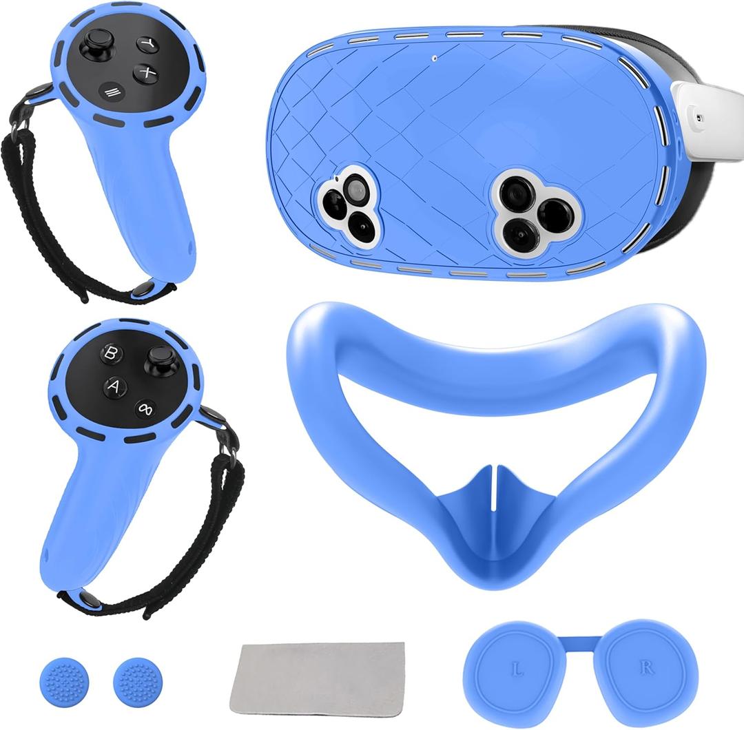 8-in-1 Silicone Cover Set for Meta Quest 3s Accessories, Juylay VR Protective Cover Accessories for Oculus Quest 3S with Facial Interface, Shell Cover, Controller Grip Cover, Joystick Caps,Blue