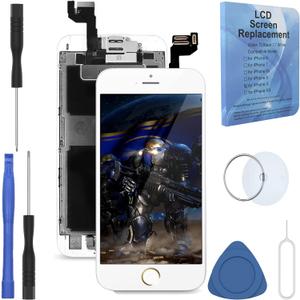 White LCD Screen Replacement for iPhone 6S Plus 5.5 Inch Full Complete Digitizer Display Assembly with Front Facing Camera Proximity Sensor Ear Speaker Home Button Repair Tools Kit