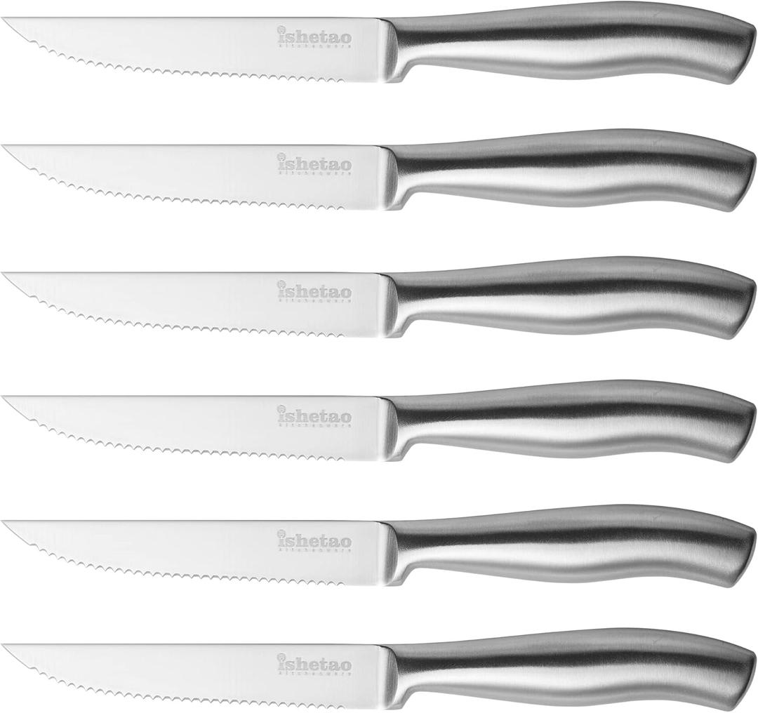 isheTao Steak Knife Set of 6, 4.5 inches Dishwasher Safe High Carbon Stainless Steel Knives, Silver