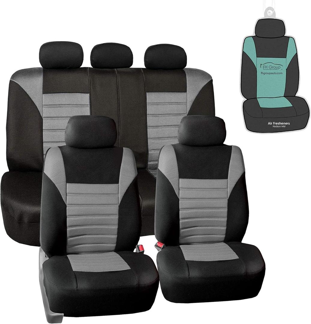 FH Group Automotive Car Seat Covers Full Set Premium 3D Air Mesh Front Seat Covers, Airbag Compatible & Split Bench Cover Universal Fit Interior Accessories for Cars Trucks and SUVs - Gray