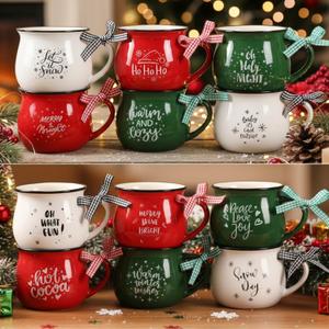 Zubebe 12pcs Christmas Coffee Mugs Set, 12 oz Hot Cocoa Ceramic Holiday Gift Mugs Set for Woman Family Friend Winter House Warming Holiday Party Gift Coffee Bar Decor(Dark Green, Red, White,Classic)
