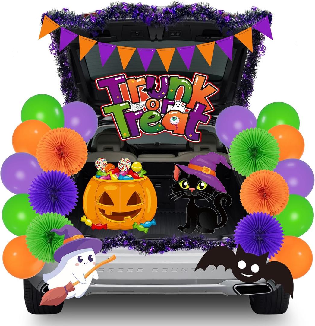 Halloween Trunk or Treat Car Decorations Kit for SUV with Halloween Balloons, Banner, Tinsel Garland, Cat Ghost Pumpkin Sticker for Archway Entryway Haunted House Garage Door Decor Party Supply (Orange)