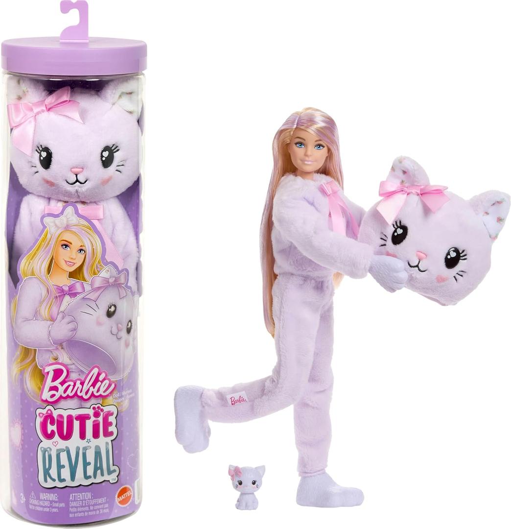 Barbie Cutie Reveal Doll & Accessories, Cuddly Series Kitten with 10 Surprises Including Color Change & Mini Pet