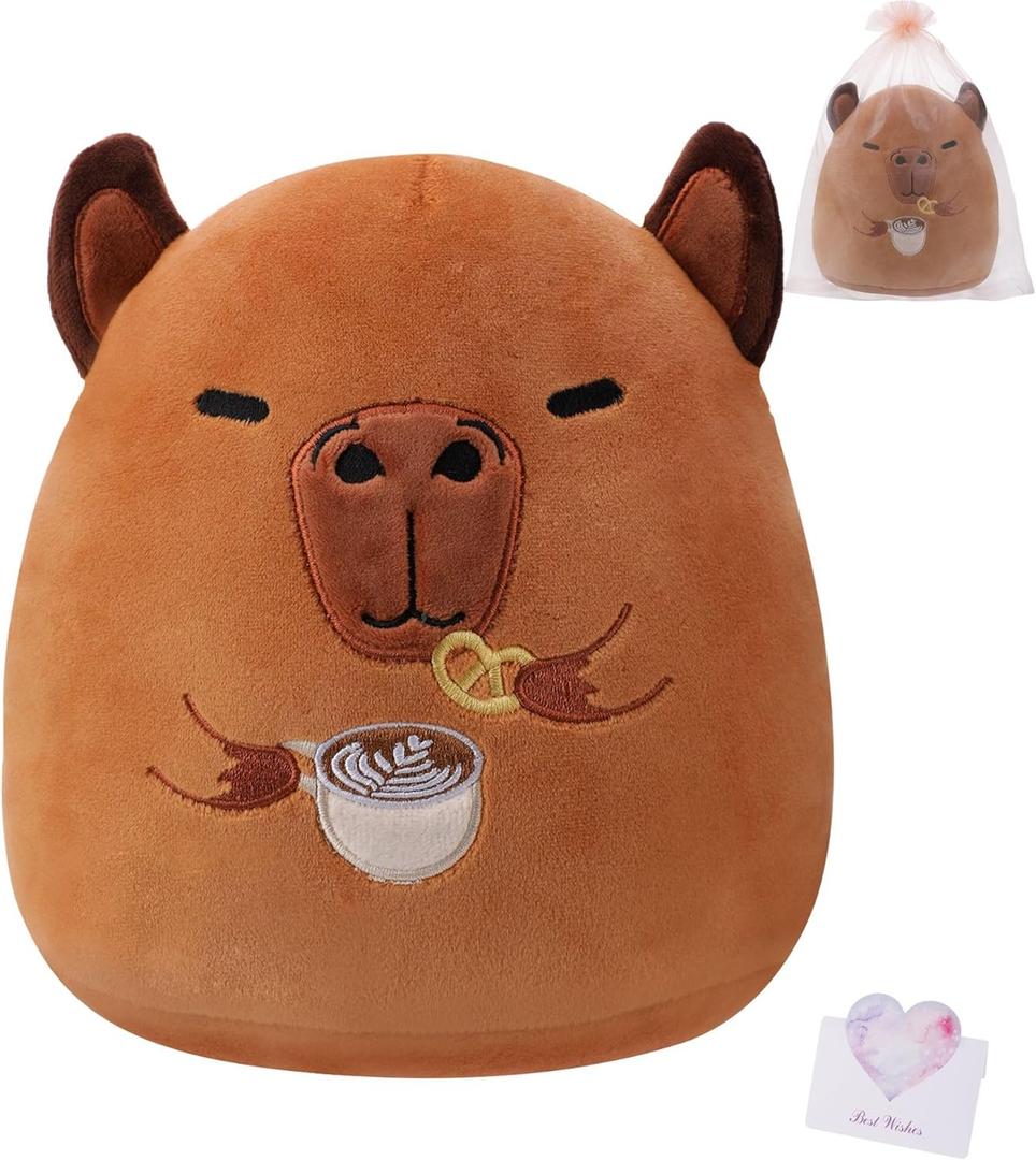 Capybara Plush Coffee Lover's Gift - Capybara Stuffed Animal Pillow for Kids, Mother's Father's Gift with Free Mesh Bag Greeting Card