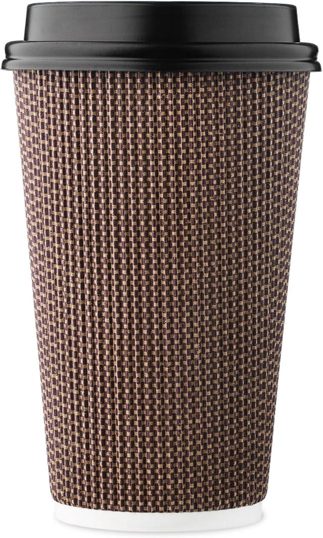 [85 SET]Harvest Pack 16 oz Disposable Coffee Cups, Insulated Ripple Double-Walled Paper Cups with Lids, Brown Geometric, Hot Paper Cups for Tea Chocolate Party Drinks To go coffee cups